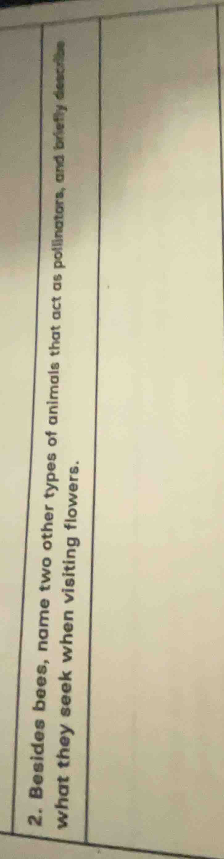 2. besides bees, name two other types of animals that act as pollinator…