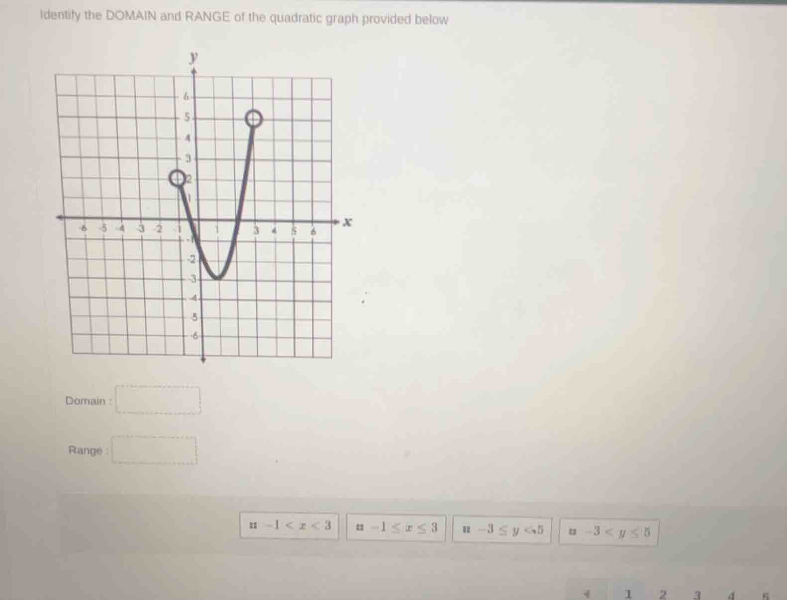 identify the domain and range of the quadratic graph provided below dom…