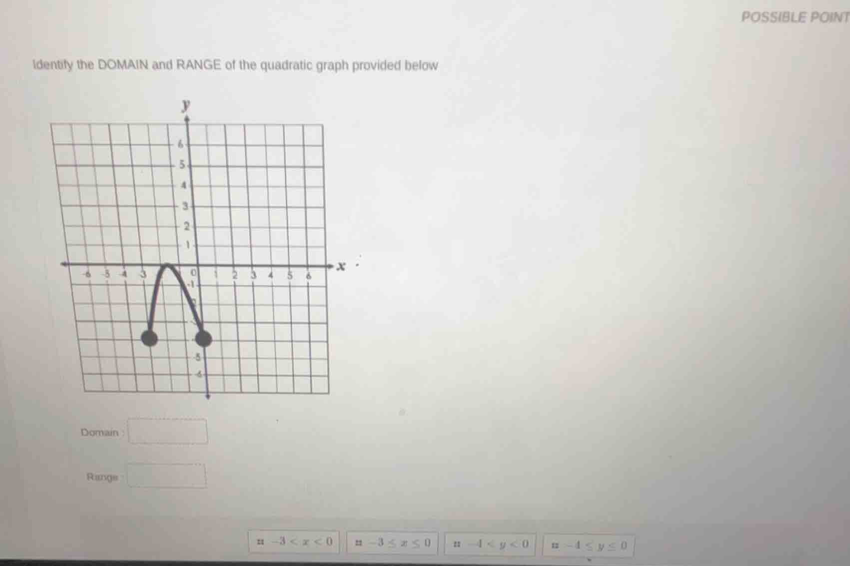 identify the domain and range of the quadratic graph provided below. op…