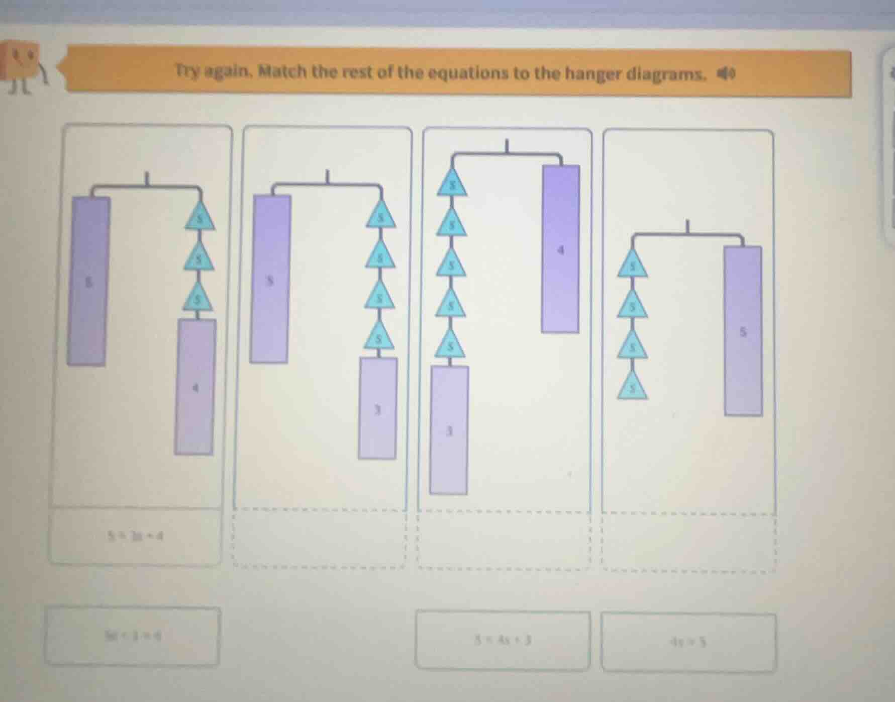 try again. match the rest of the equations to the hanger diagrams. equa…