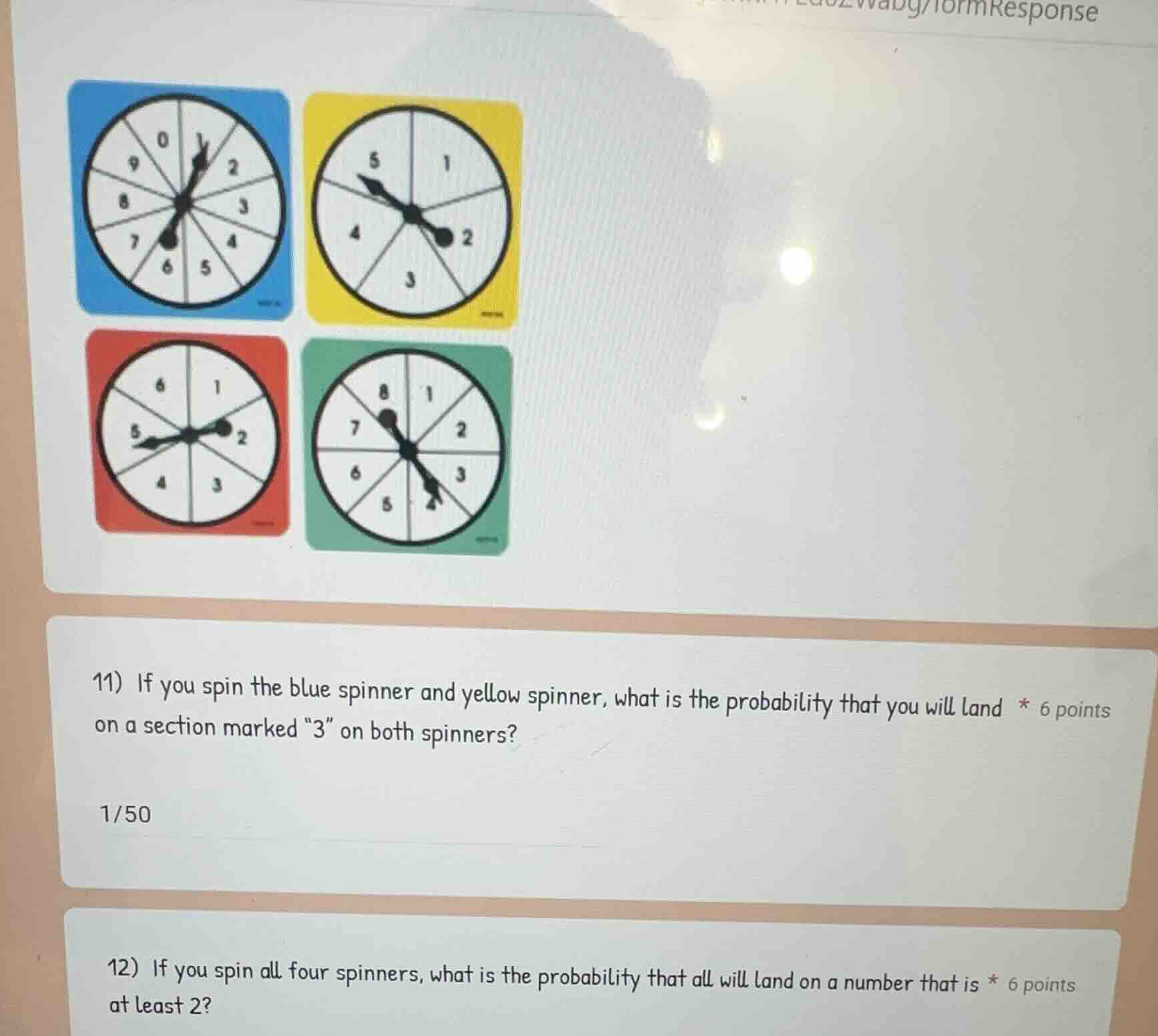 11) if you spin the blue spinner and yellow spinner, what is the probab…