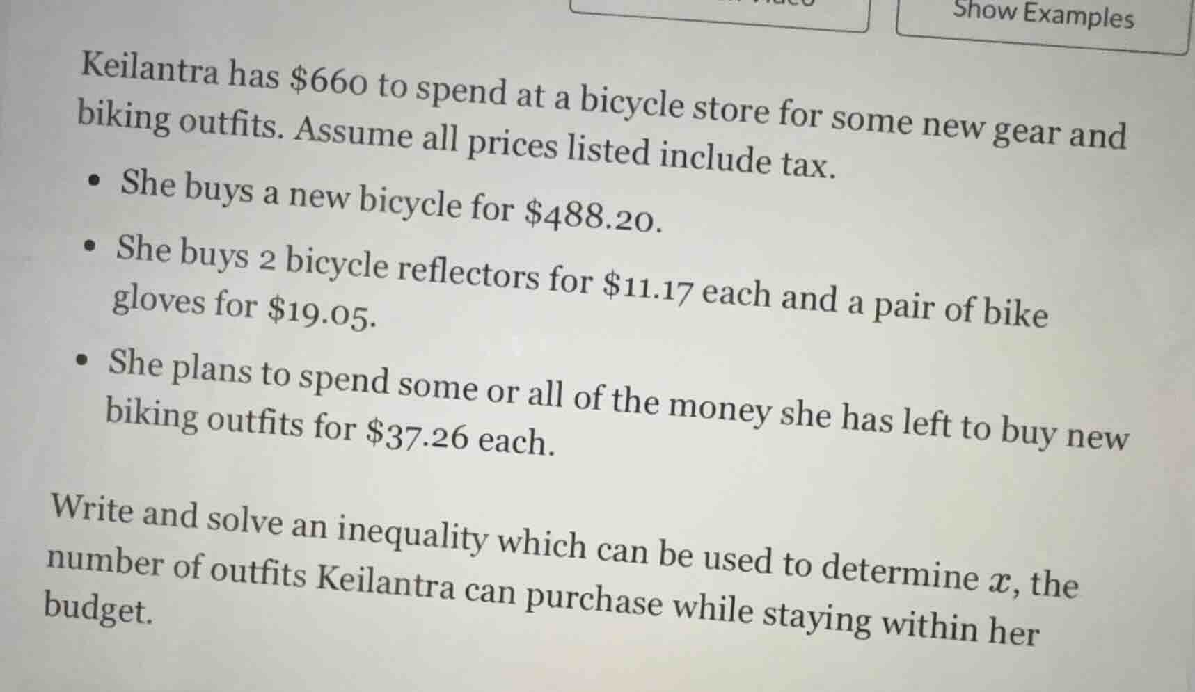 keilantra has $660 to spend at a bicycle store for some new gear and bi…