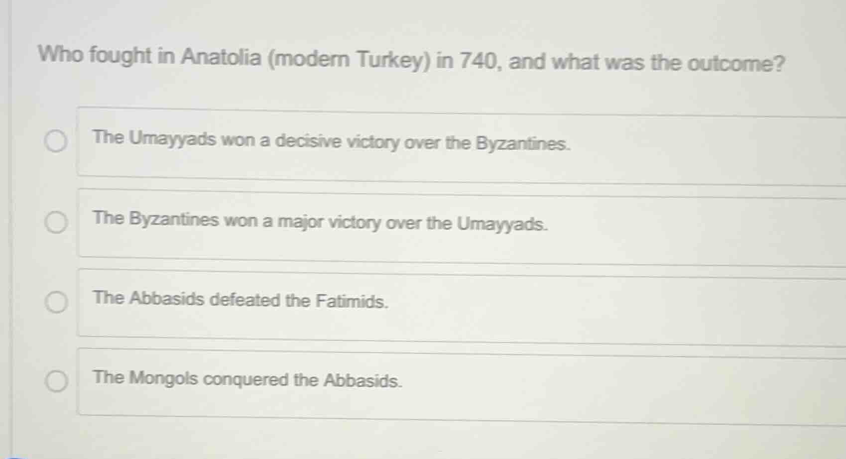 who fought in anatolia (modern turkey) in 740, and what was the outcome…