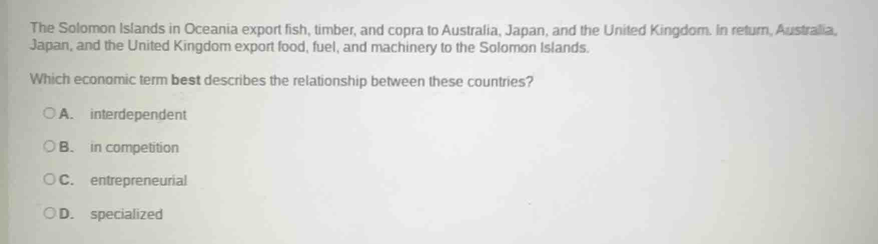 the solomon islands in oceania export fish, timber, and copra to austra…