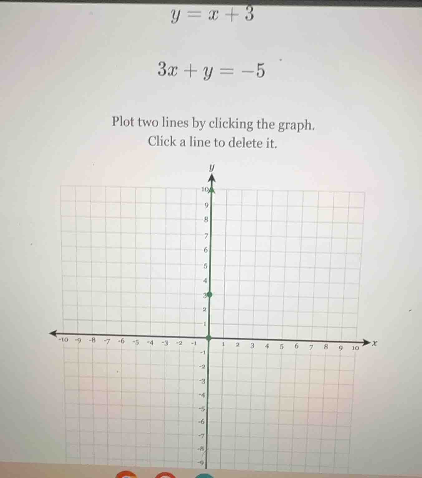 y = x + 3\ 3x + y = -5\ plot two lines by clicking the graph.\ click a …