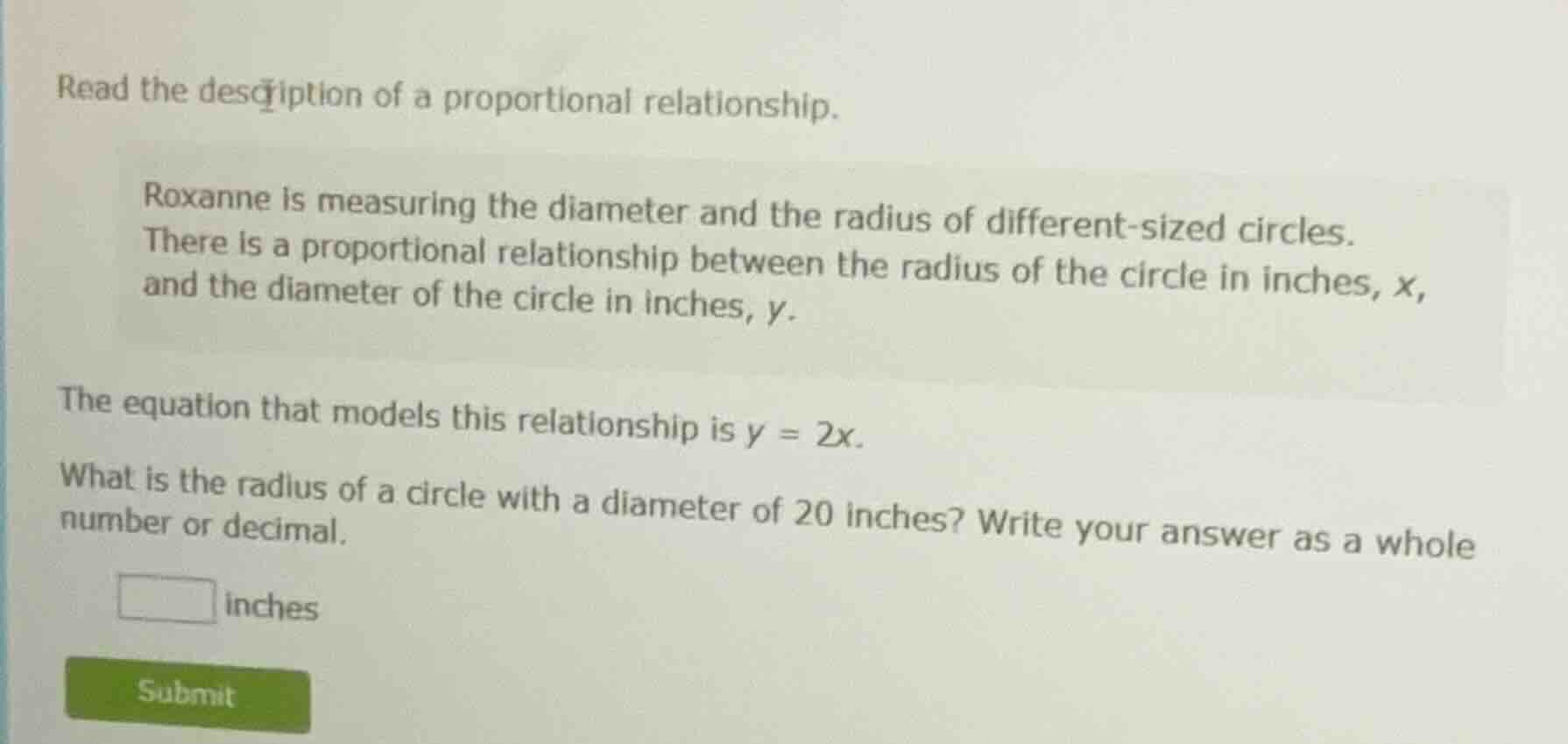 read the description of a proportional relationship. roxanne is measuri…