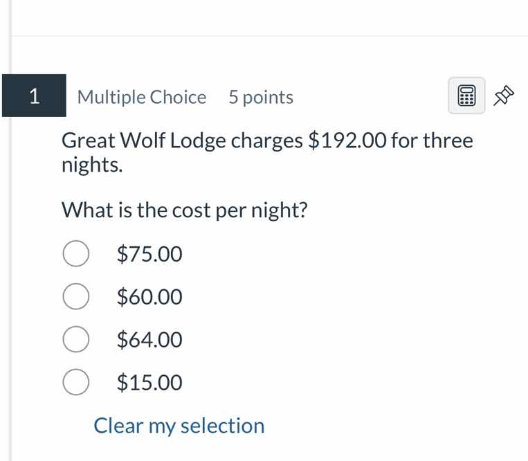 1 multiple choice 5 points great wolf lodge charges $192.00 for three n…