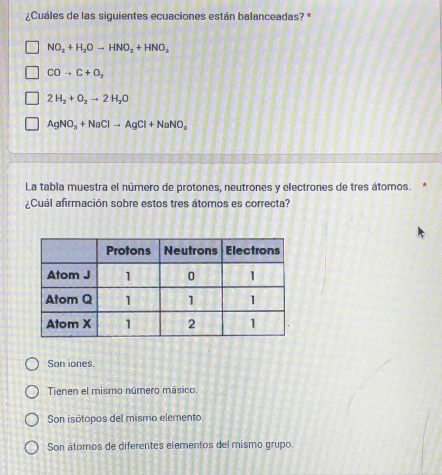 ¿cuáles de las siguientes ecuaciones están balanceadas? * □ no₂ + h₂o →…