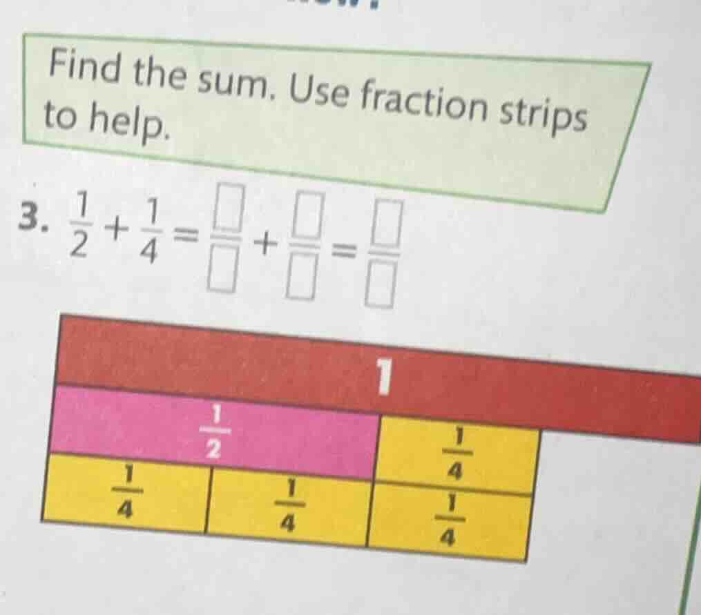 find the sum. use fraction strips to help. 3. \\(\\frac{1}{2}+\\frac{1}…