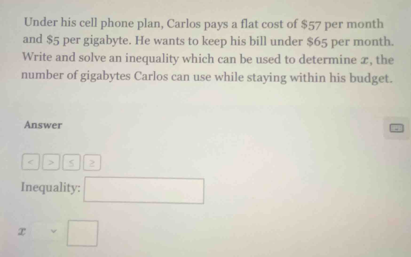 under his cell phone plan, carlos pays a flat cost of $57 per month and…