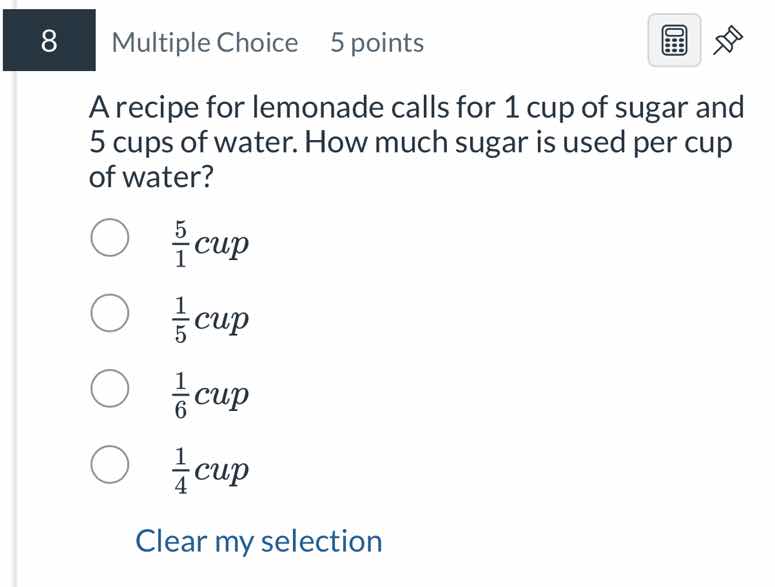a recipe for lemonade calls for 1 cup of sugar and 5 cups of water. how…