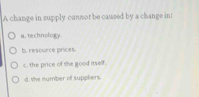 a change in supply cannot be caused by a change in: a. technology. b. r…