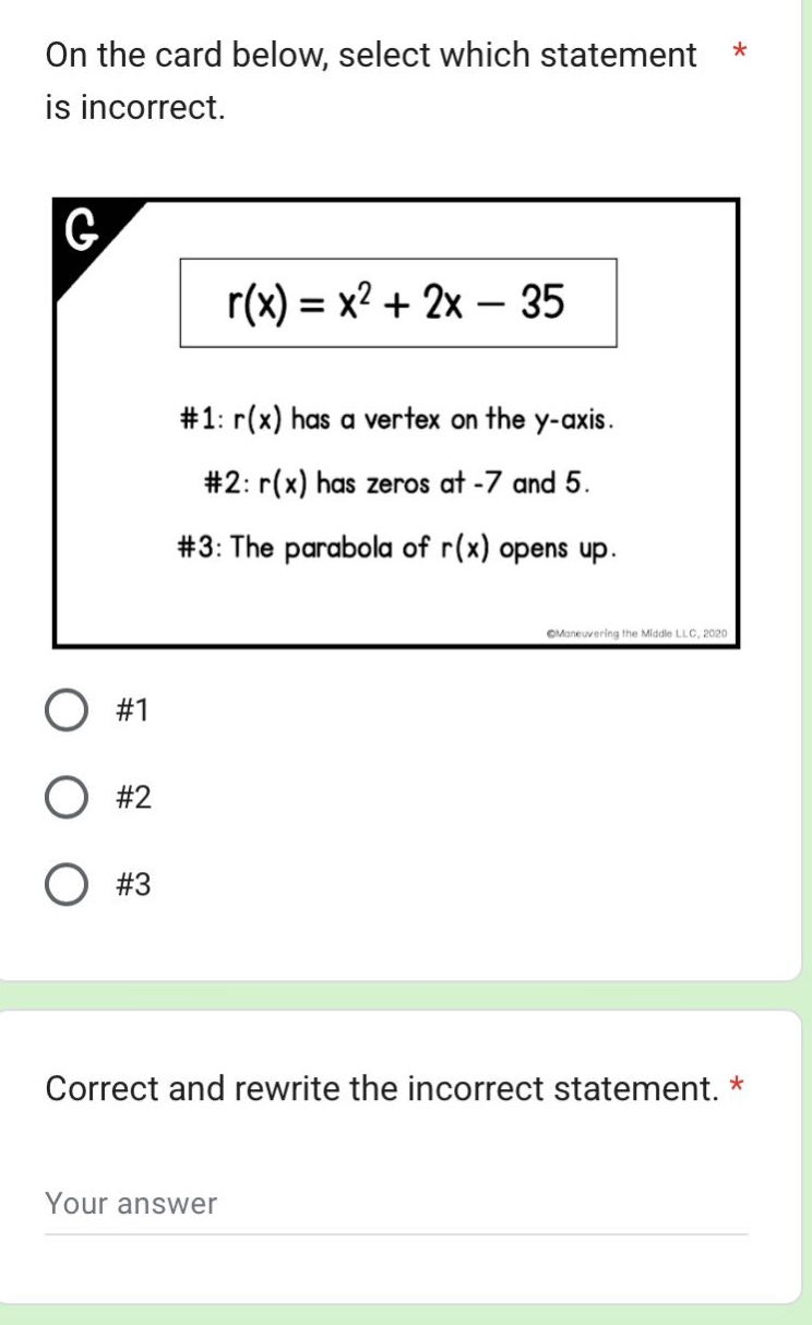 on the card below, select which statement is incorrect. r(x) = x² + 2x …