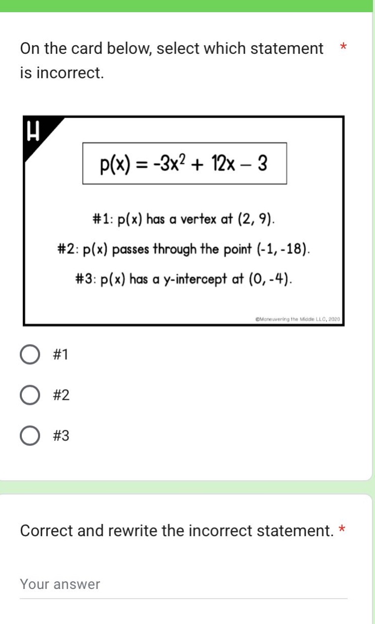 on the card below, select which statement is incorrect. p(x) = -3x² + 1…