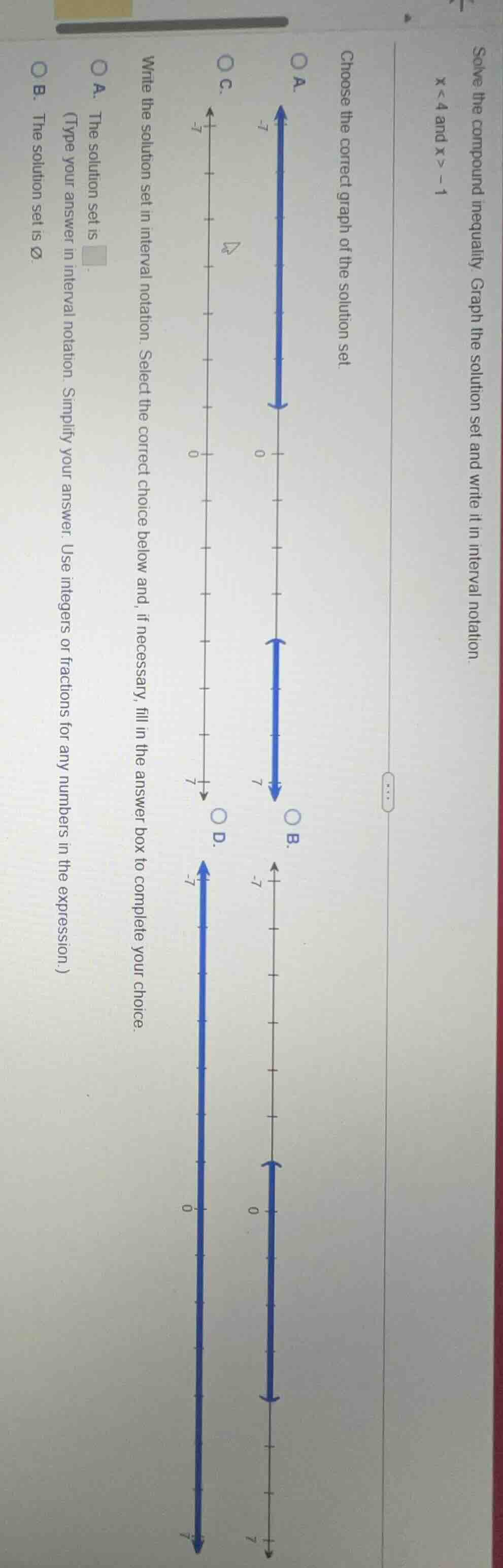 solve the compound inequality. graph the solution set and write it in i…