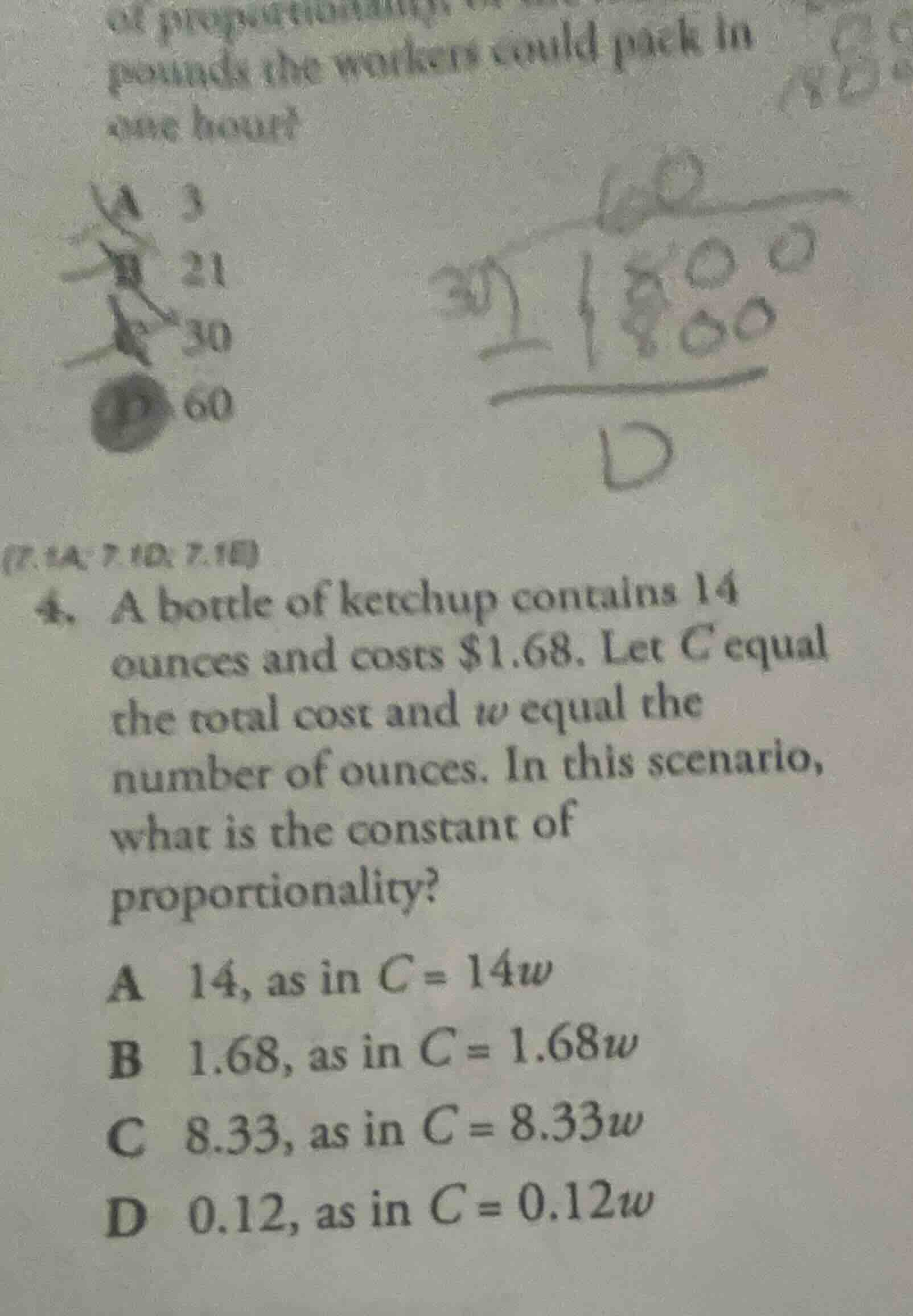 4. a bottle of ketchup contains 14 ounces and costs $1.68. let c equal …