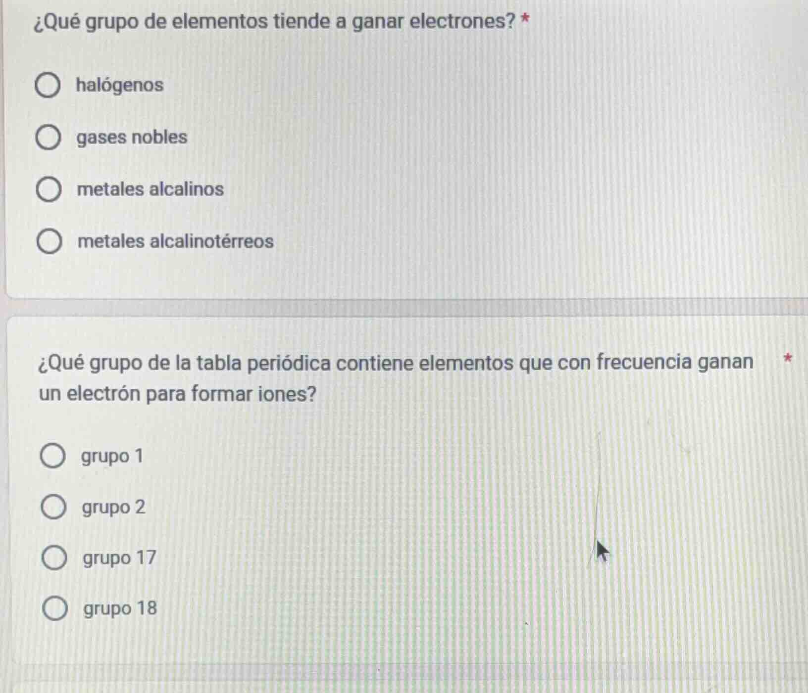 ¿qué grupo de elementos tiende a ganar electrones? * halógenos gases no…