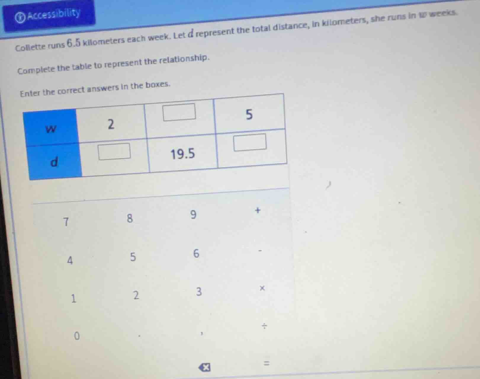 collette runs 6.5 kilometers each week. let ( d ) represent the total d…