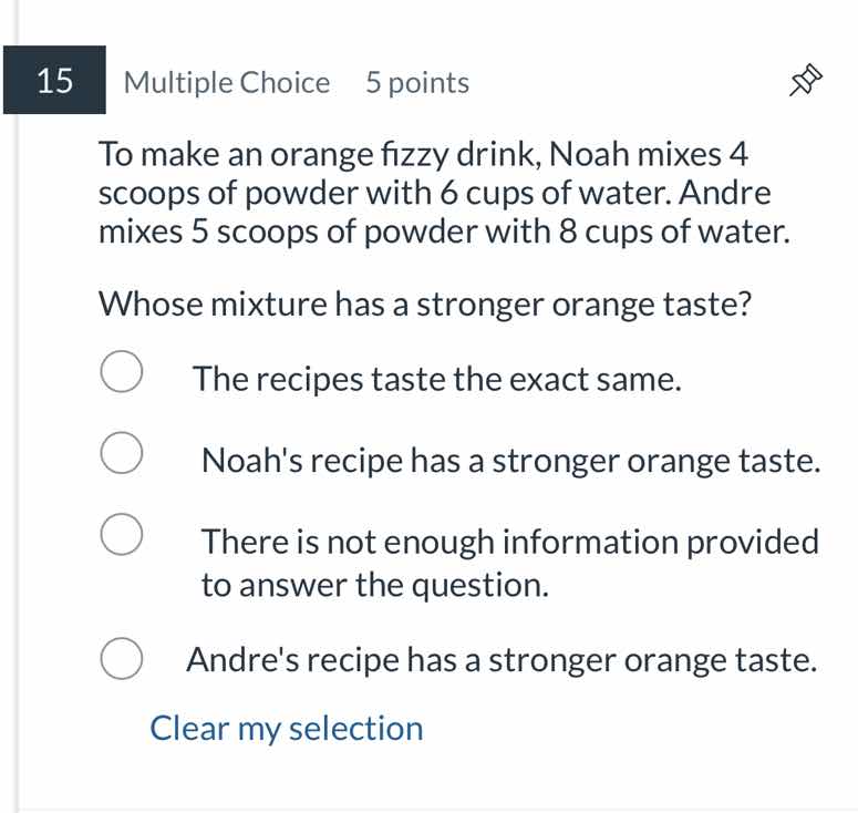 to make an orange fizzy drink, noah mixes 4 scoops of powder with 6 cup…