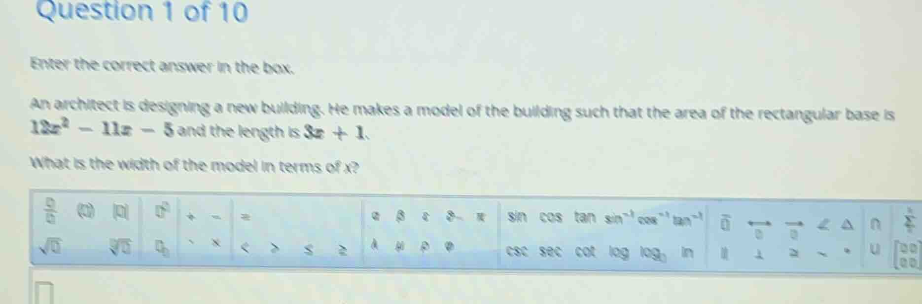 question 1 of 10 enter the correct answer in the box. an architect is d…