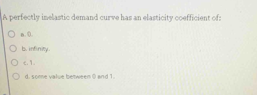 a perfectly inelastic demand curve has an elasticity coefficient of: a.…