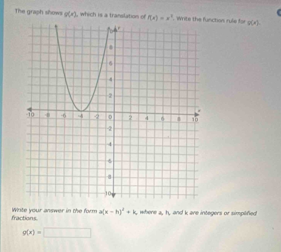 the graph shows ( g(x) ), which is a translation of ( f(x) = x^2 ). wri…