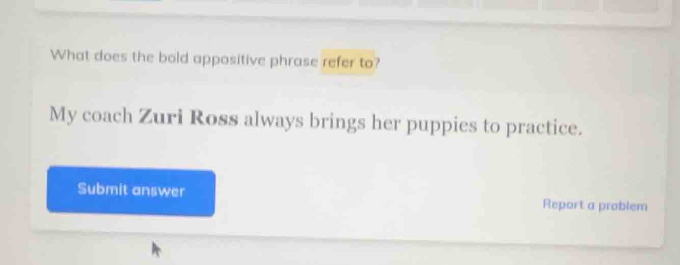 what does the bold appositive phrase refer to? my coach zuri ross alway…