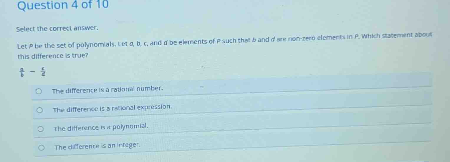 question 4 of 10 select the correct answer. let ( p ) be the set of pol…