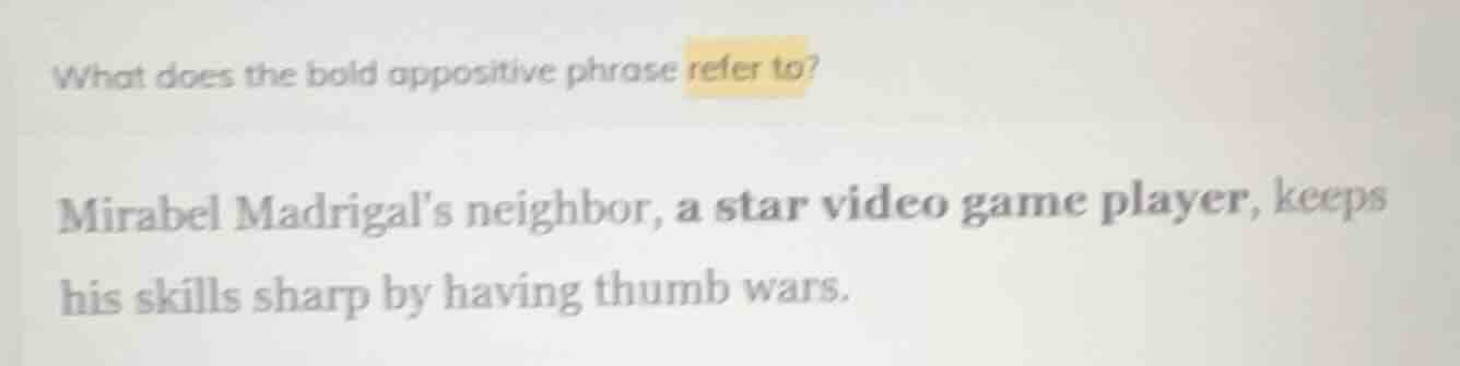 what does the bold appositive phrase refer to? mirabel madrigals neighb…