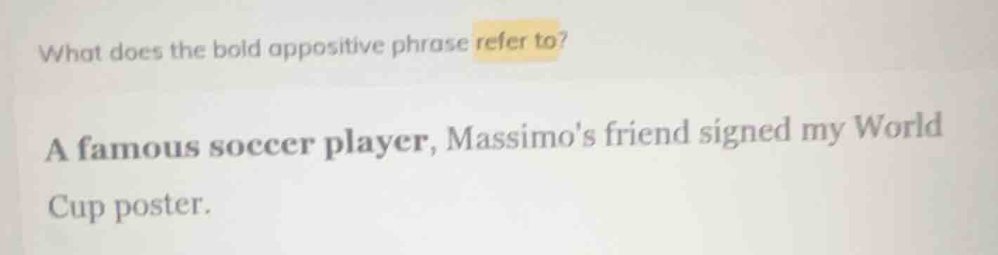 what does the bold appositive phrase refer to? a famous soccer player, …