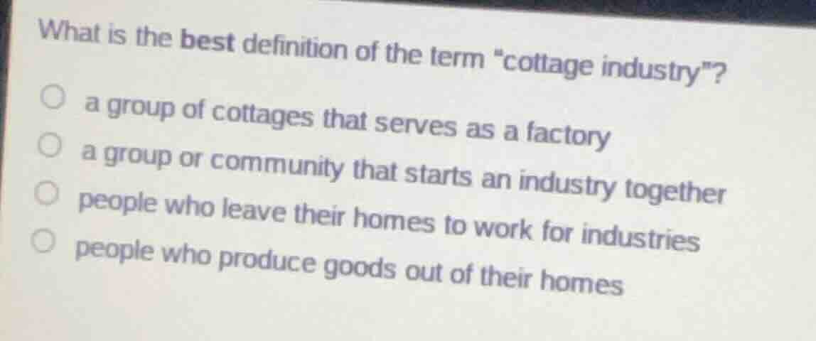 what is the best definition of the term \cottage industry\? a group of …