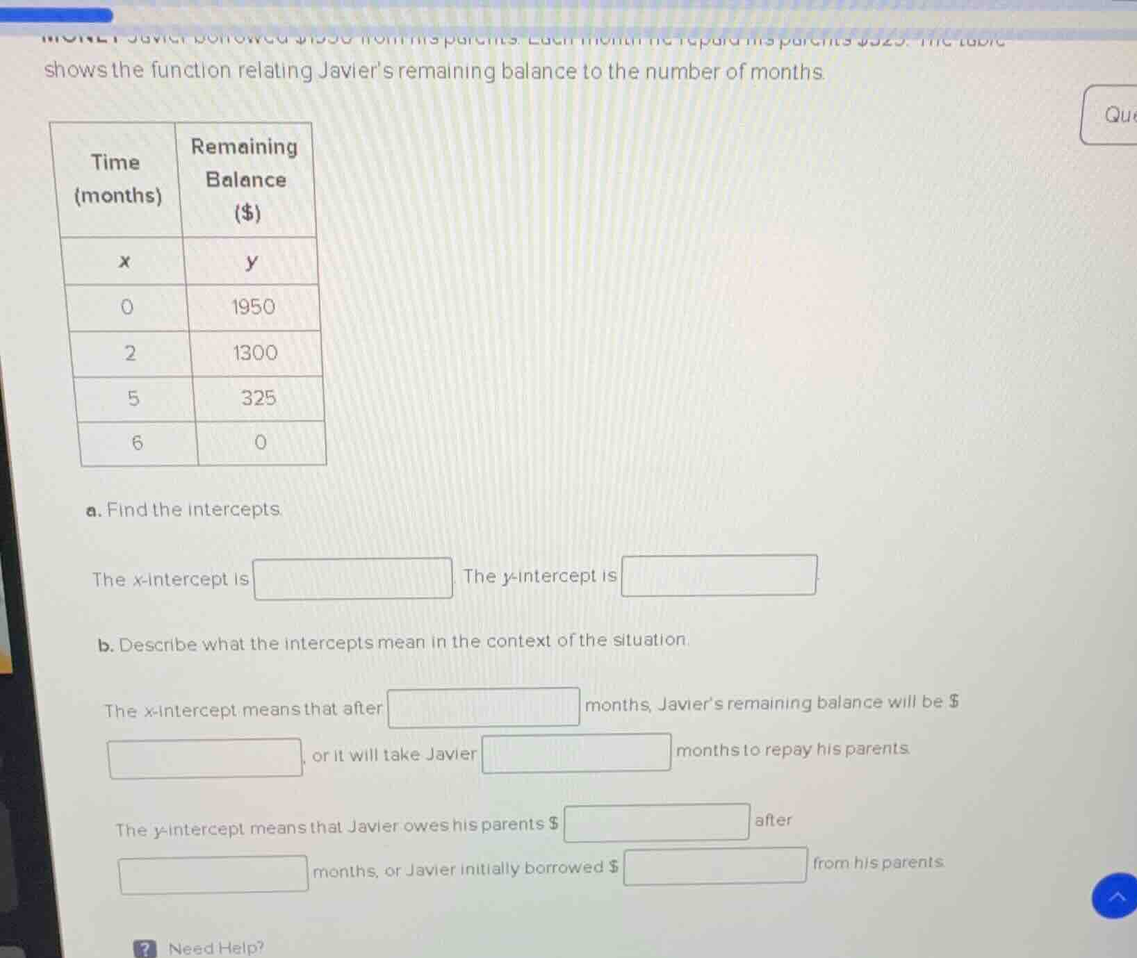 shows the function relating javier’s remaining balance to the number of…