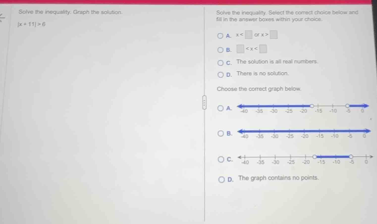 solve the inequality. graph the solution.\\(|x + 11| > 6\\)\ solve the …