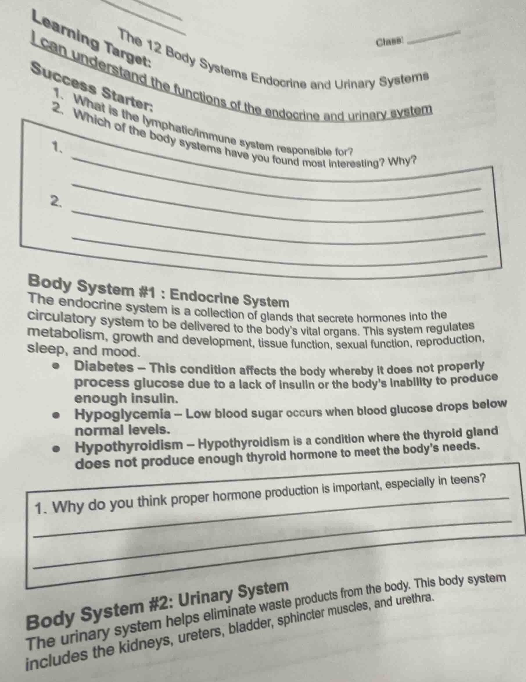 the 12 body systems endocrine and urinary systems class: learning targe…