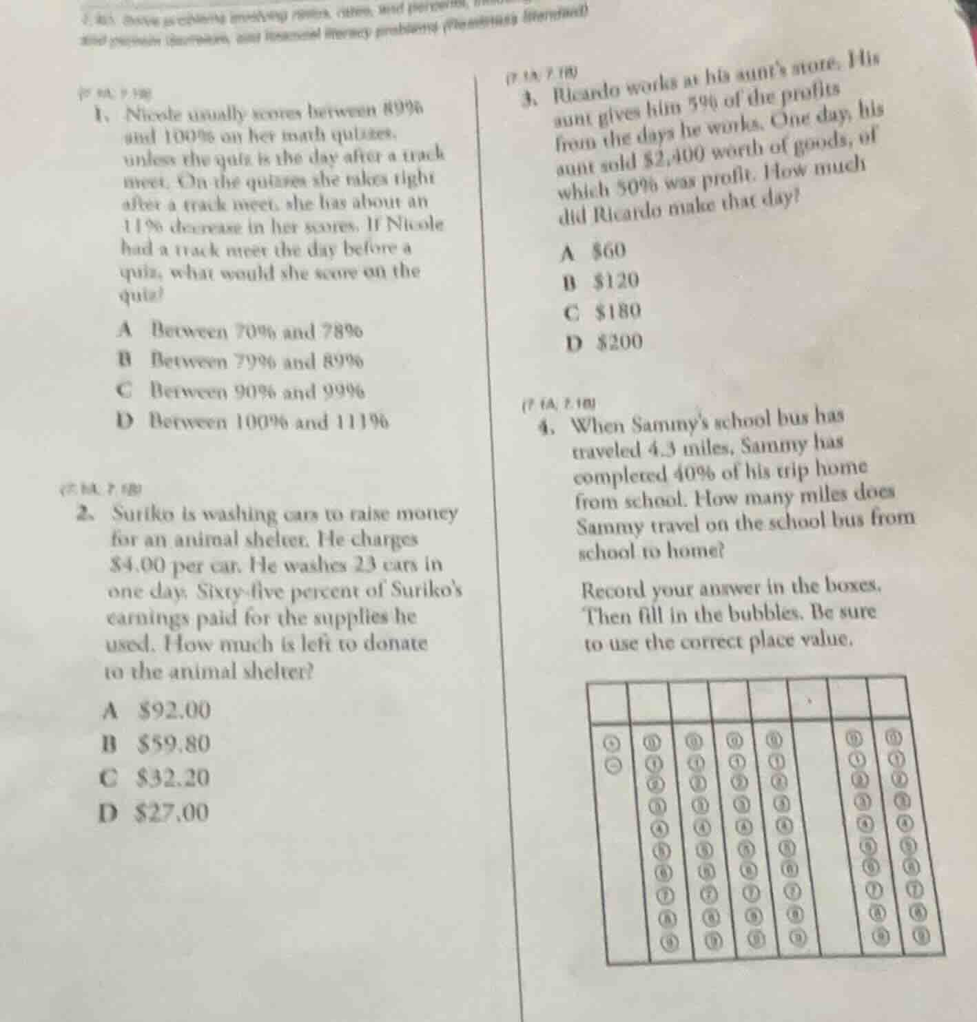 1. nicole usually scores between 89% and 100% on her math quizzes, unle…