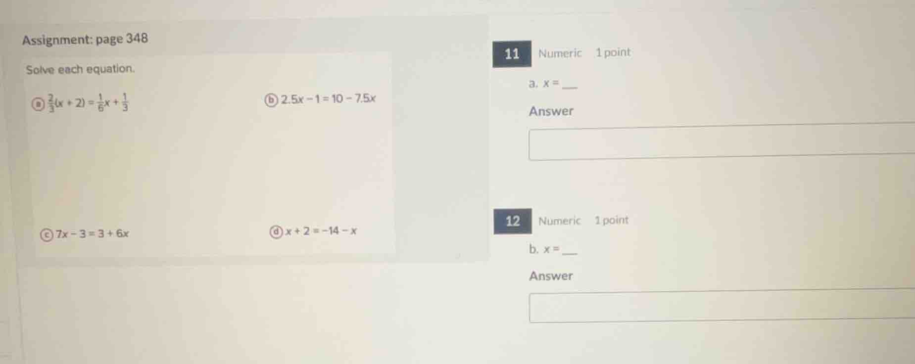 assignment: page 348 solve each equation. ⓐ \\(\\frac{2}{3}(x + 2) = \\…