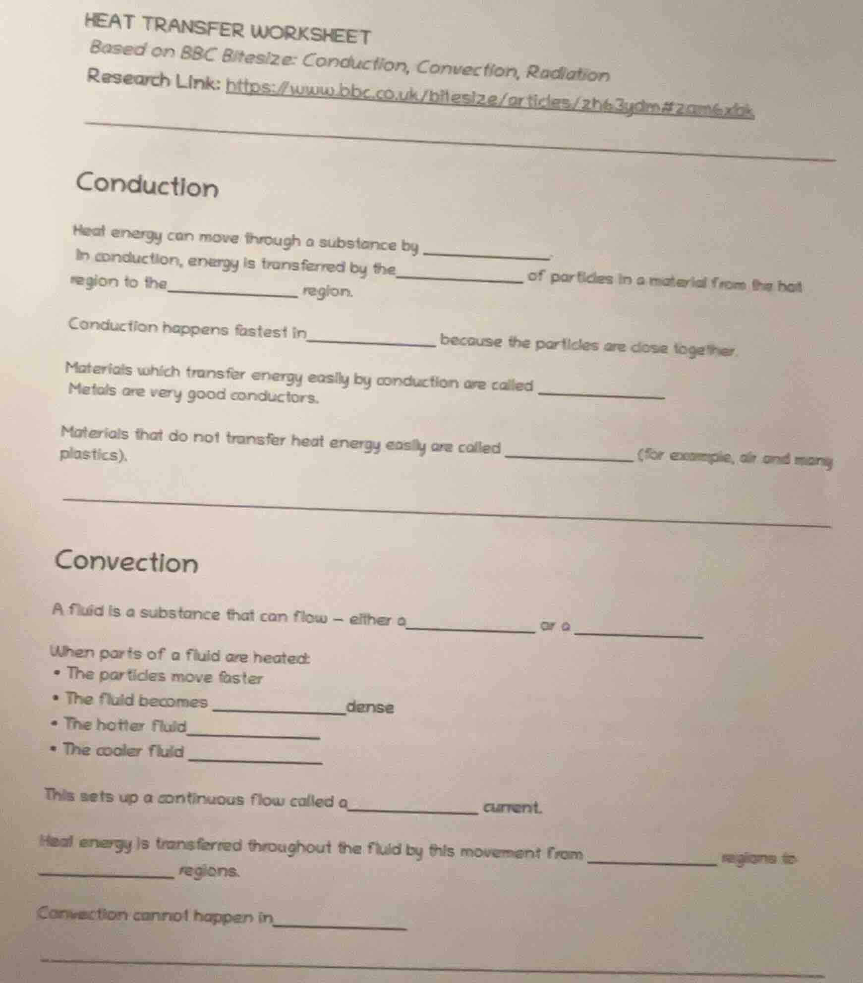 heat transfer worksheet based on bbc bitesize: conduction, convection, …