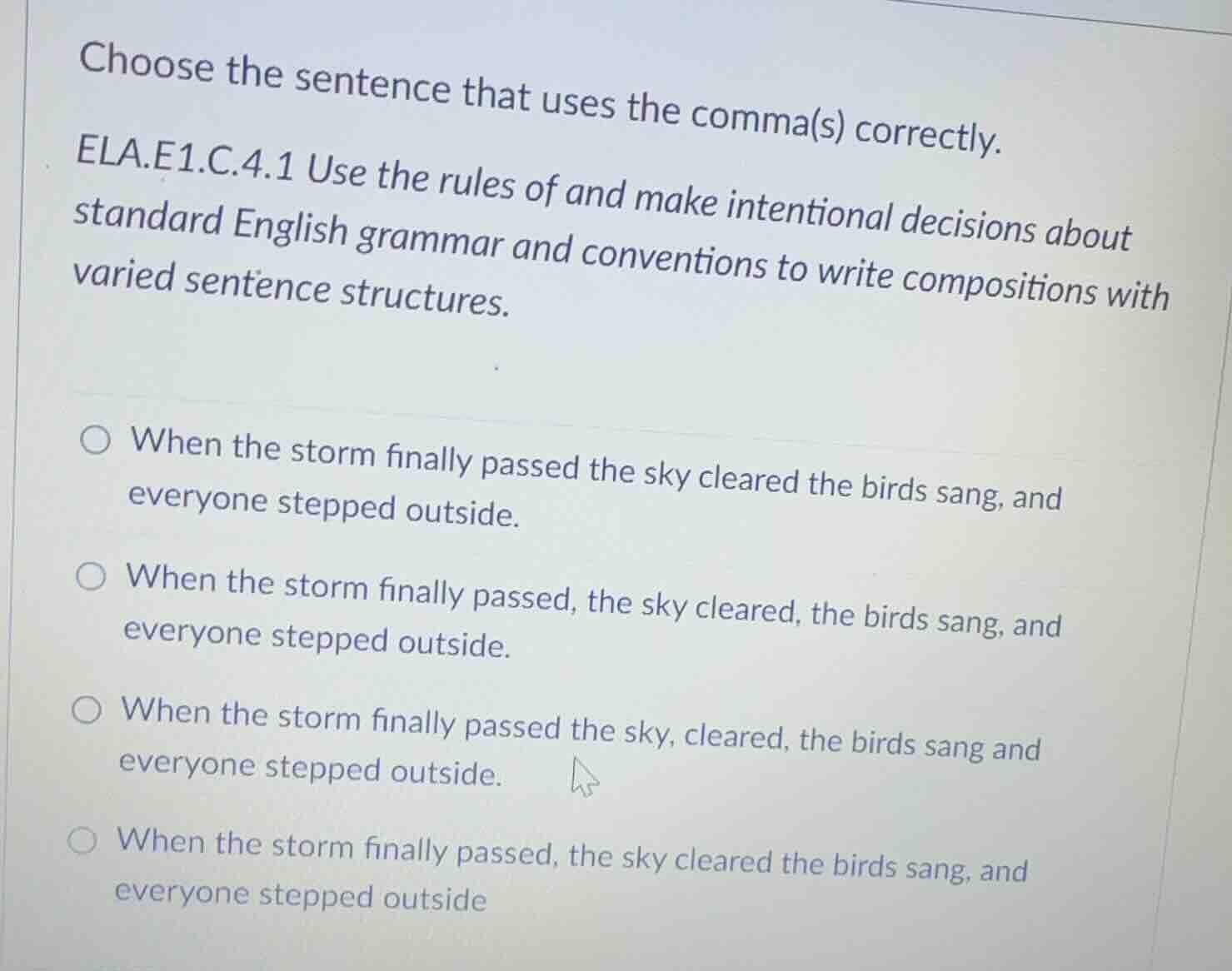choose the sentence that uses the comma(s) correctly. ela.e1.c.4.1 use …