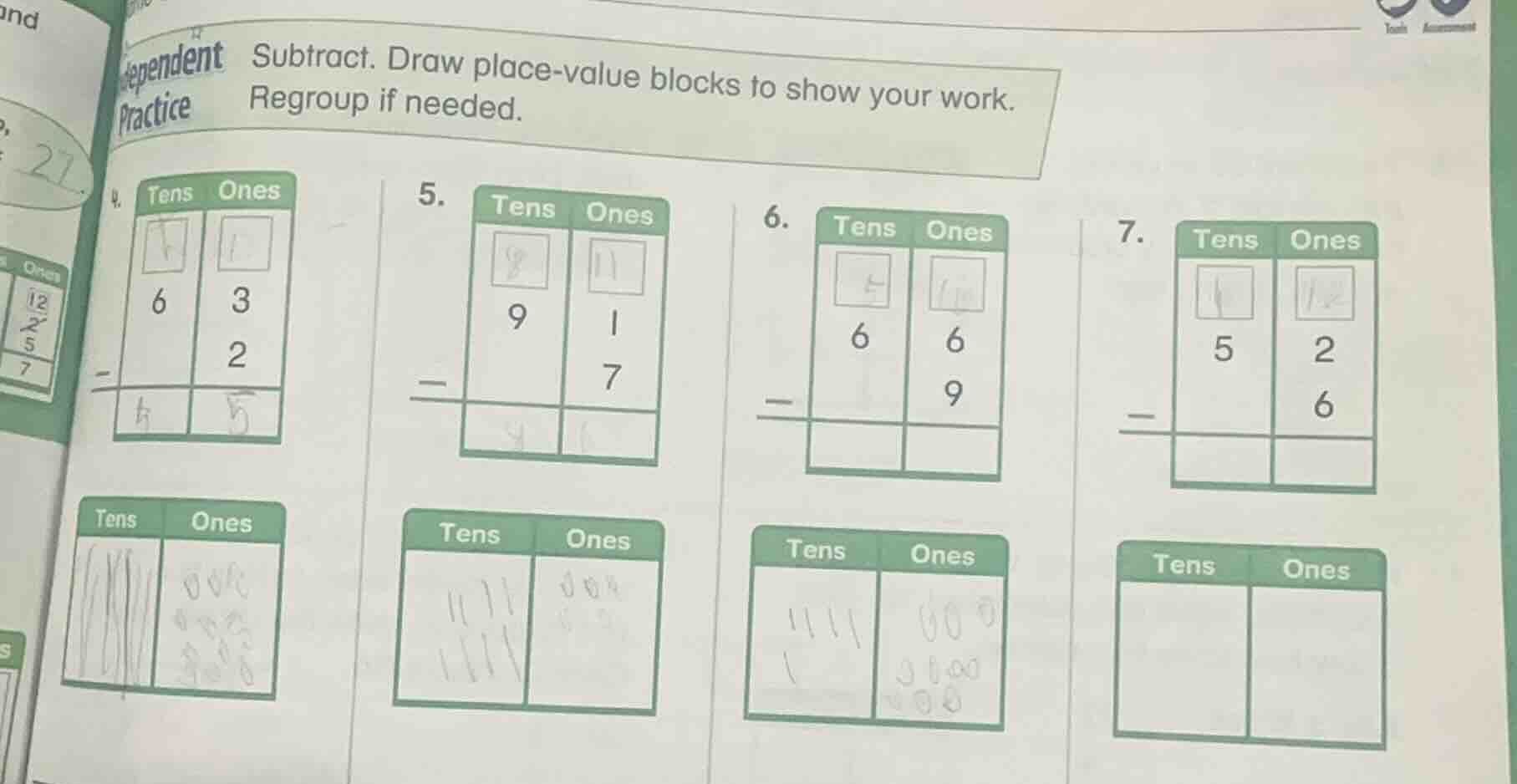 independent practice subtract. draw place - value blocks to show your w…