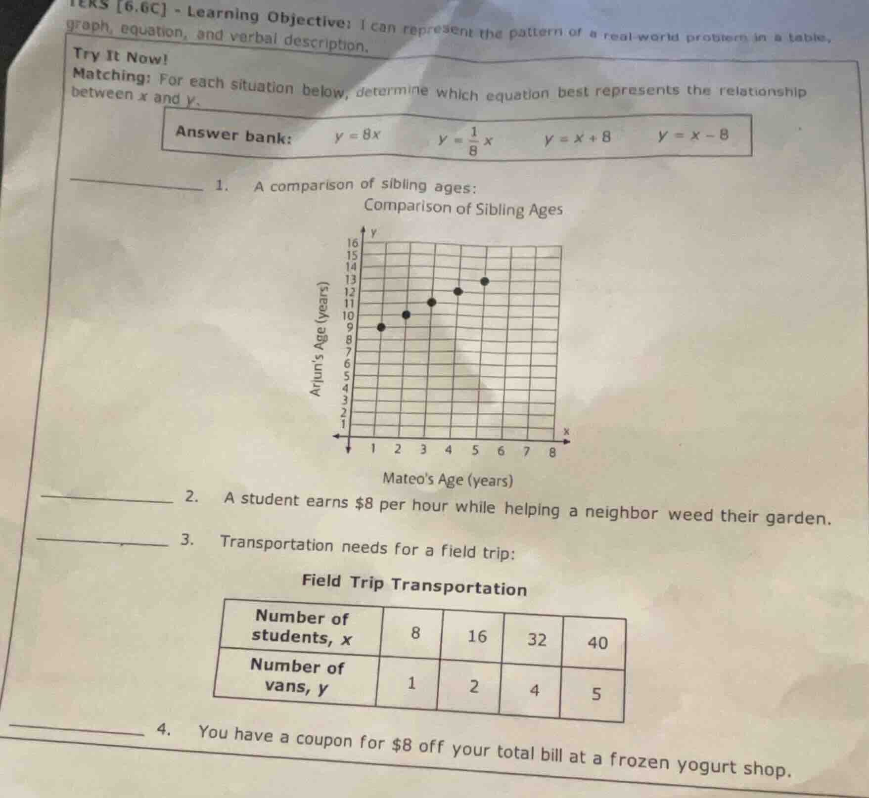 try it now! matching: for each situation below, determine which equatio…