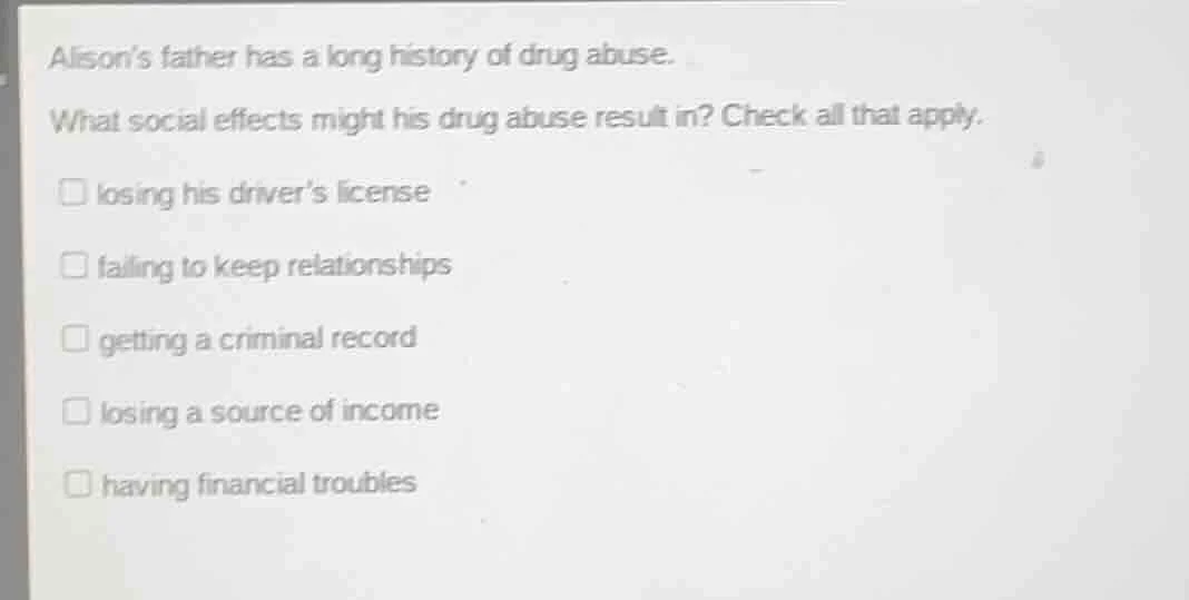 alison’s father has a long history of drug abuse. what social effects m…