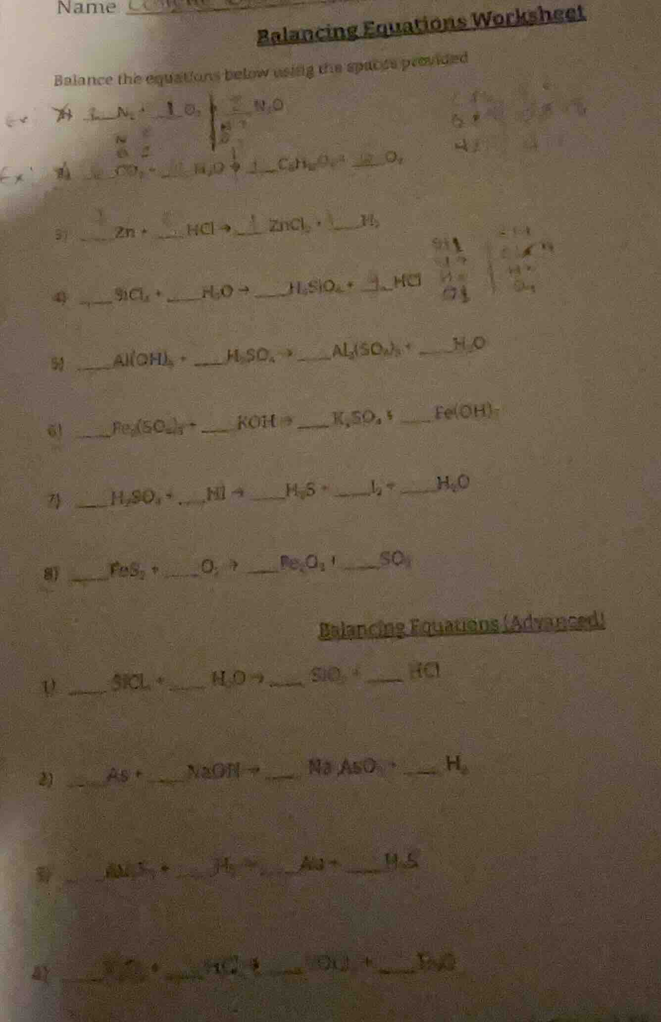 name balancing equations worksheet balance the equations below using th…
