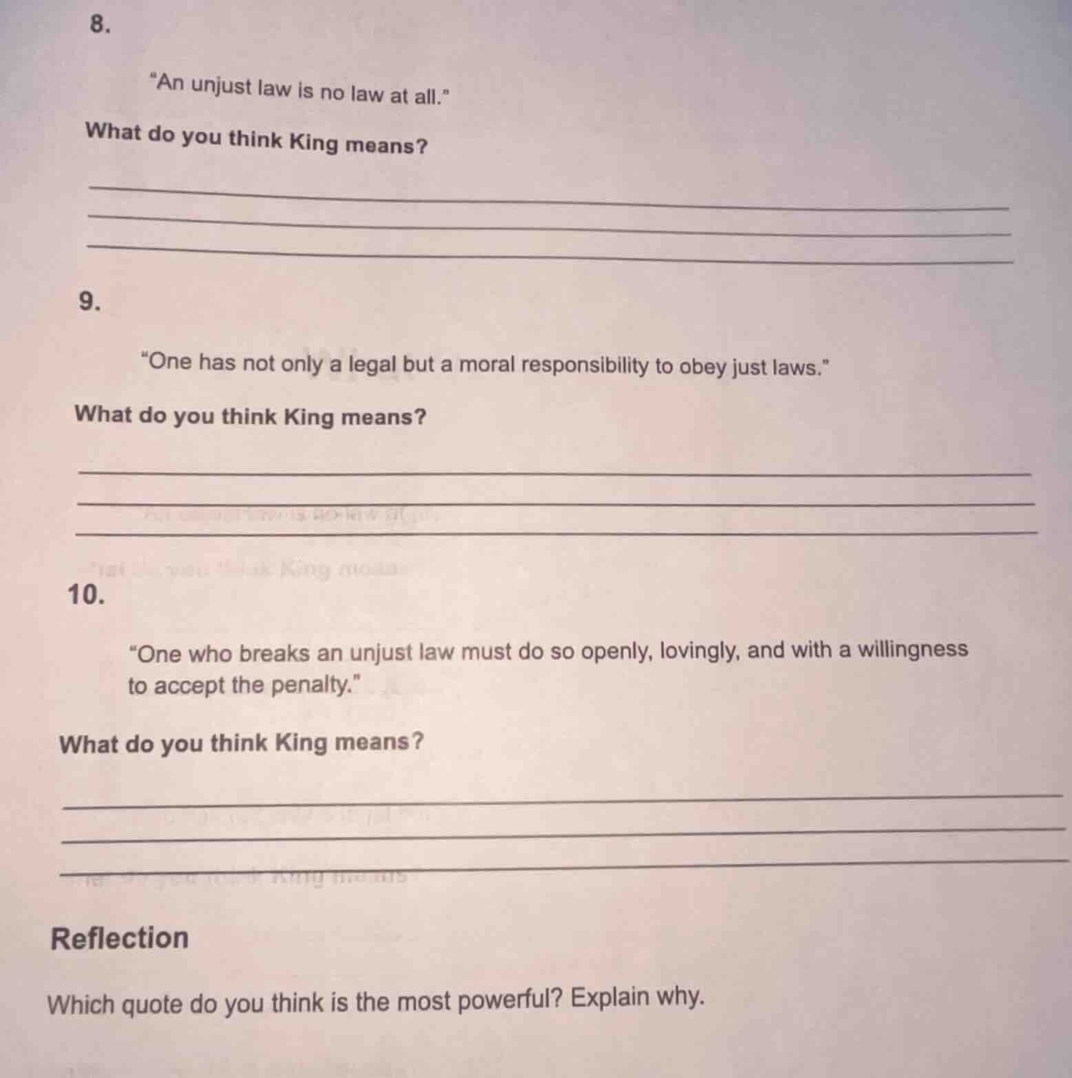 8. \an unjust law is no law at all.\ what do you think king means? 9. \…