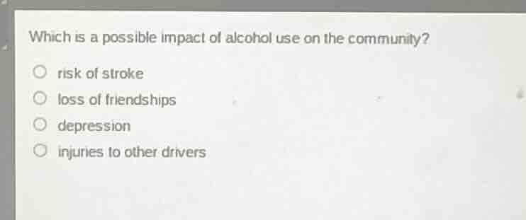 which is a possible impact of alcohol use on the community? - risk of s…