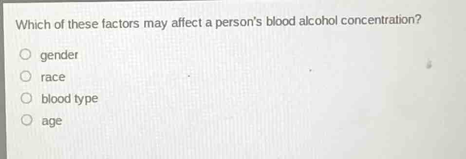 which of these factors may affect a persons blood alcohol concentration…