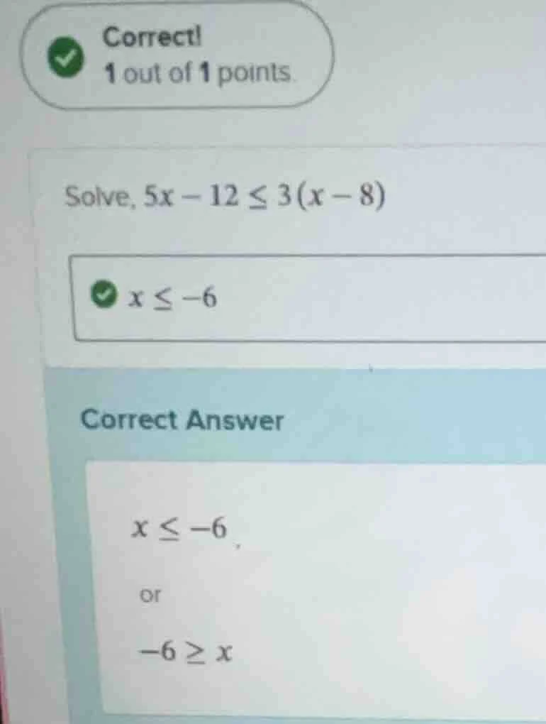 solve, $5x - 12 \\leq 3(x - 8)$