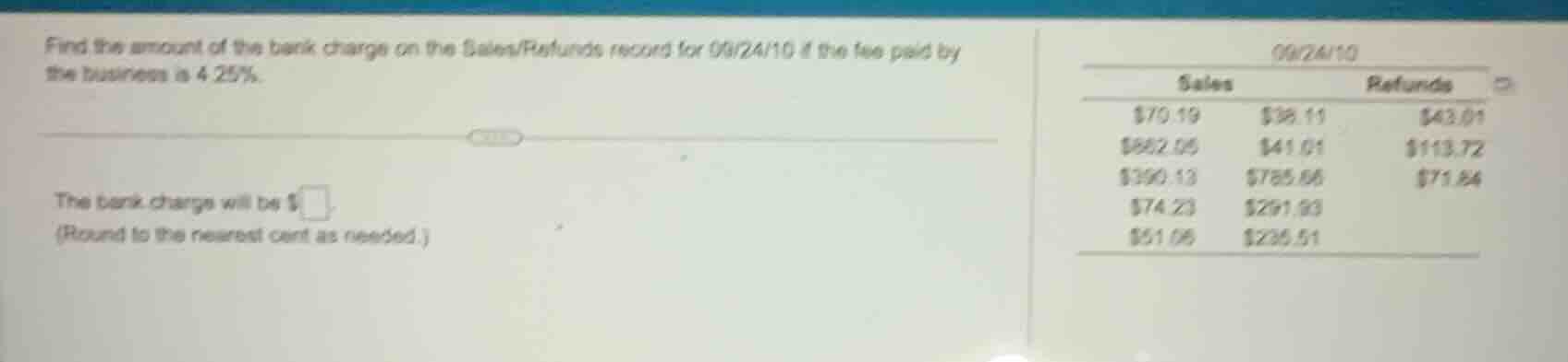 find the amount of the bank charge on the sales/refunds record for 09/2…