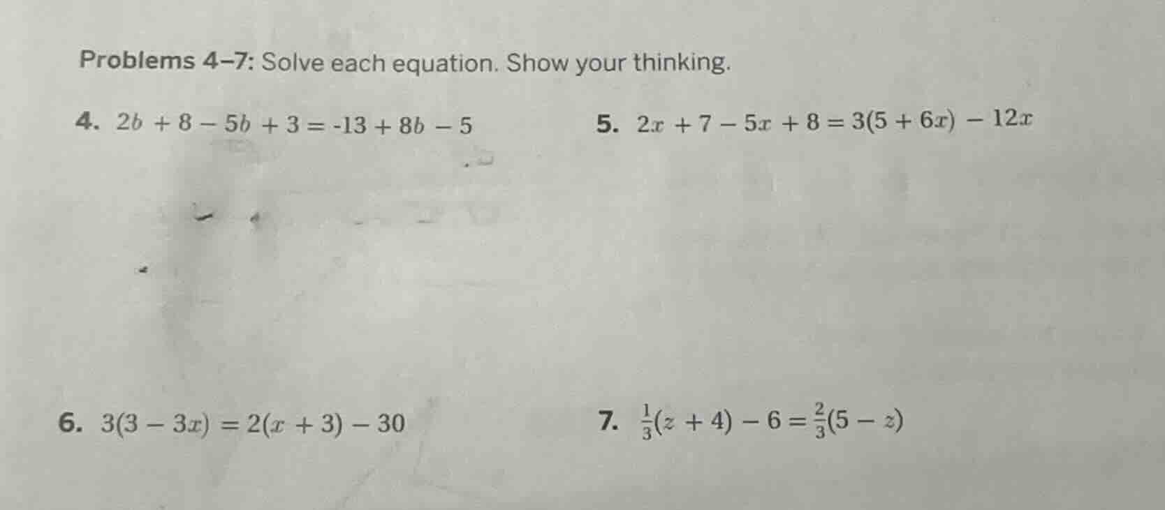 problems 4–7: solve each equation. show your thinking. 4. $2b + 8 - 5b …