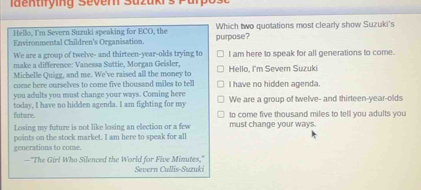 identifying severn suzukis purpose hello, im severn suzuki speaking for…