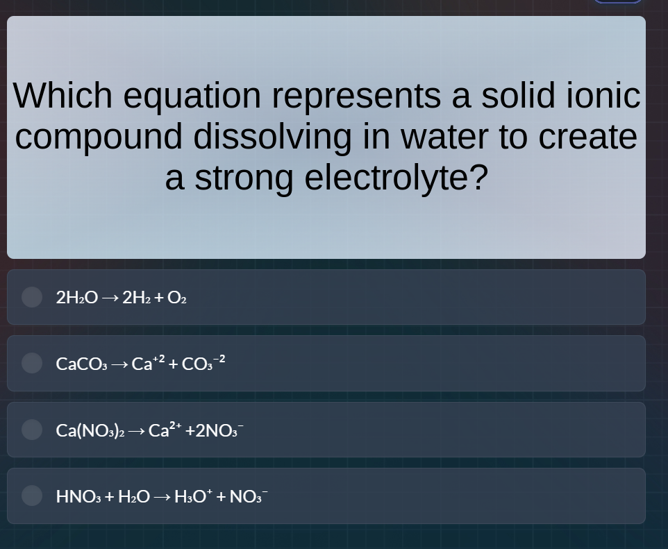 which equation represents a solid ionic compound dissolving in water to…